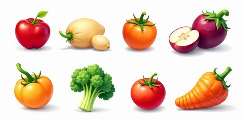 Vector icons of different vegetables on a white background, harvest, health, cuisine
