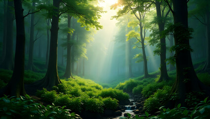 Obraz premium Lush rainforest canopy captured from a drone's eye view, showcasing the vibrant biodiversity and serene beauty of the dense foliage and filtered sunlight