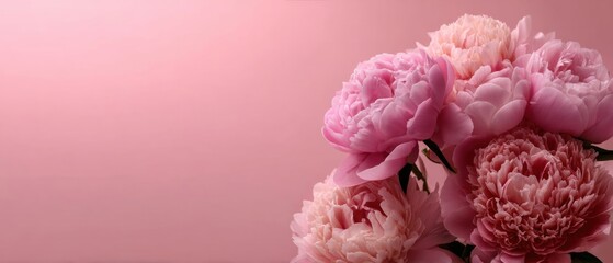 Romantic bouquet of pink peonies on a soft pink background, perfect for wedding invitations, Mothers Day cards, or feminine floral designs