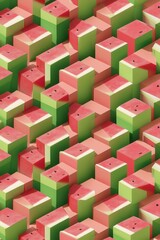 A colorful image of watermelon slices arranged in a pattern of green and pink cubes. The image has a playful and fun mood, as it is a creative way to present the fruit