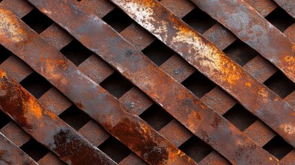 An intricate interlaced metal design showcases a rusty patina effect, creating a visual feast that reflects both art and industrial heritage in a mesmerizing pattern.
