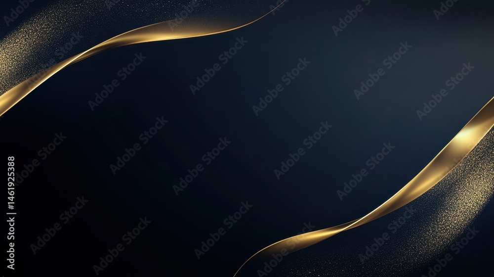 Poster abstract golden sparkle waves on dark blue background for elegant luxury design with shimmering glit