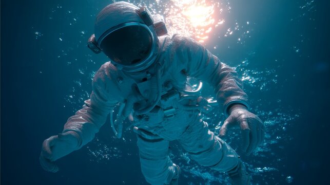 Astronaut floats underwater in full suit during zero-gravity space training for space exploration