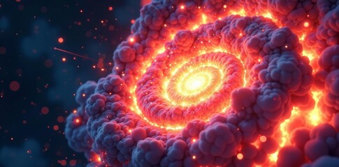 Vibrant anime explosion with fiery spirals and light beams, burst, illustration, explosion