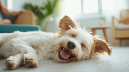 A blissful dog sleeps peacefully on a soft carpet, radiating contentment, embodying the joy and comfort that pets bring into our homes and lives.