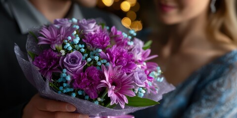 Romantic couple exchanging a bouquet of vibrant flowers in a softly lit setting during a special evening celebration