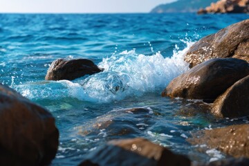 Waves Crashing on Rocky Shoreline with Blue Ocean and Distant Headland View