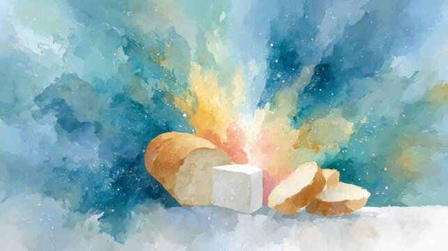 A Beautiful Watercolor Rendering of Bread Symbolizing Light That Connects to Significant Events in Christian History Including the Resurrection of Jesus and His Journey Through Life