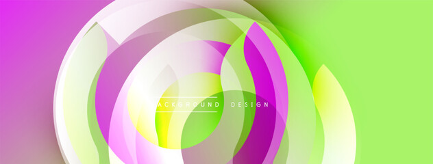 Abstract dynamic layers create vibrant gradient effect. Circular shapes overlap, forming modern design element. Bright colors dominate composition.
