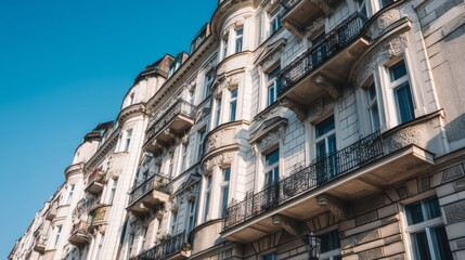 Obraz premium Elegant row of ornate white European buildings with balconies under clear blue sky in daylight