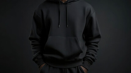 A model wearing a minimalist black hoodie against a dark backdrop, showcasing urban style and comfort.