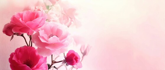 Fototapeta premium Romantic pink roses bouquet on soft pink background, delicate floral arrangement for wedding invitation or feminine design with copy space