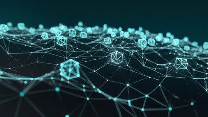 Fototapeta premium Abstract image of glowing teal geometric shapes connected by lines, creating a network effect symbolizing connectivity, technology, and data flow