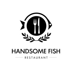 Logo for a restaurant called Handsome Fish. The logo features a fish and a fork and knife