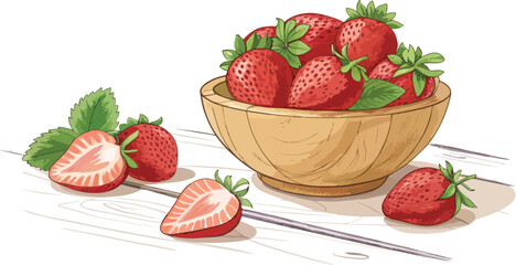 Strawberry vector design, Strawberries in wooden bowl on table in white background vector design
