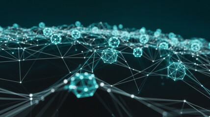 Obraz premium Abstract image of teal geometric shapes connected by lines, creating a network effect, symbolizing connection, technology, or data visualization
