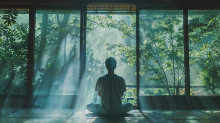 Person meditating in lotus position facing large windows with sunbeams streaming through lush green foliage. Natural light with ethereal atmosphere in minimalist tatami room, with peacece and calm