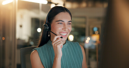 Night, call center and business woman with technical support for IT advice or troubleshooting. Headset, happy agent and communication for customer service, help or listen on overtime on computer