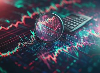 A magnifying glass over financial graphs and a calculator, symbolizing analysis and data interpretation.