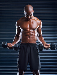 Muscle, African man and dumbbells for arm workout with health, strong body and exercise in gym....