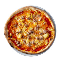Whole pizza with sausage and potato topping, photographed from above and isolated on a white background. A savory Italian dish ideal for food design, menus, and culinary content.