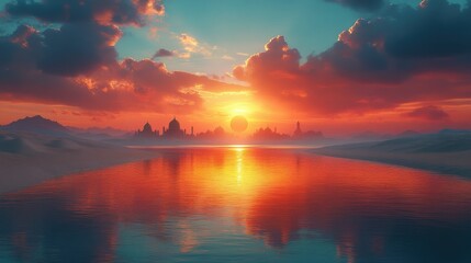 Fototapeta premium Dramatic Sunset over Desert Cityscape.