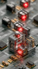 Macro view of circuit board with illuminated components and red le ds