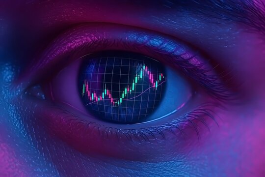 Conceptual macro eye with digital stock chart reflection in the iris representing market analysis and investment insights