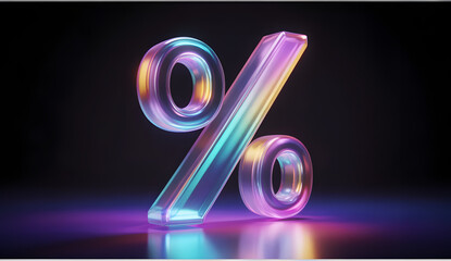 A shiny iridescent percent symbol hovers above a purple surface, reflecting on a dark background. In an Adobe Stock image, keywords such as 'percentage,' 'discount,' and 'finance' are suggested.