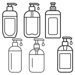 Liquid soap Hand sanitizer icon, Silhouettes of Pump Bottles Dispenser, Soap Dispenser Icons Black and White, Outline Illustrations of Pump Bottles for Soap or Lotion,