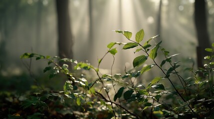 An early morning forest bathed in mist, with fresh green leaves glowing in the soft sunrise light. Sunbeams cut through the haze 