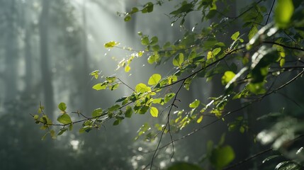 An early morning forest bathed in mist, with fresh green leaves glowing in the soft sunrise light. Sunbeams cut through the haze 