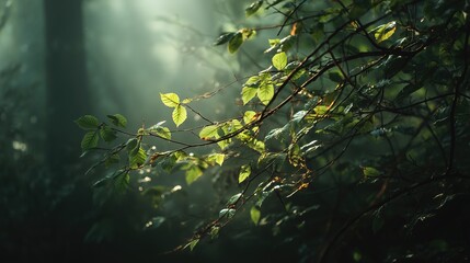 An early morning forest bathed in mist, with fresh green leaves glowing in the soft sunrise light. Sunbeams cut through the haze 