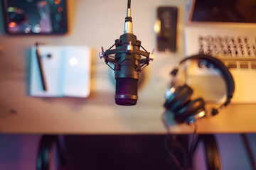 This photo features a microphone, headphones, laptop, and audio equipment arranged on a desk. The image appears in a content creation site, possibly as stock art.