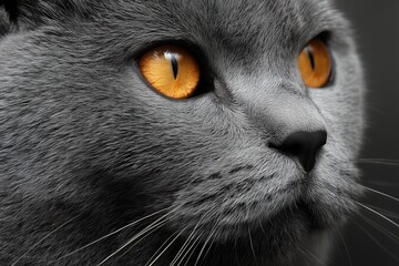British Shorthair cat with gray fur and golden eyes, a close-up 