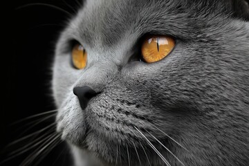British Shorthair cat with gray fur and golden eyes, a close-up 