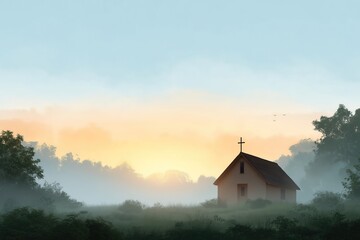 Fototapeta premium Christianity theme, a tranquil countryside chapel at sunrise, surrounded by lush greenery, a cross silhouetted against the sky 