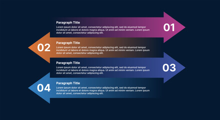 Horizontal arrow infographic with four colorful steps and gradient sections for process or timeline visualization.