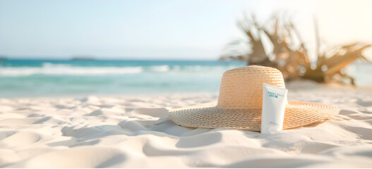 A still life on a beach, sun cream bottle, seashells, sand, ocean in the background, calming coastal scene, naturalistic, photorealistic
