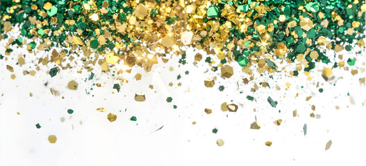 Glitter, golden confetti, sparkling particles, green background, celebration, holiday, festive, vibrant, shimmering, abstract, shiny, metallic, textured, dynamic, explosive, radiant, glamorous
