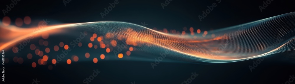 Fototapete Abstract Wavy Particle Stream on Dark Background Featuring Flowing Orange and Blue Light with Dynamic Motion for Modern Futuristic Designs
