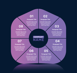 Fototapeta premium Circular 8-step business infographic with central company name and purple gradient segments for strategy or process presentation.