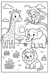 Cute jungle animals coloring page for kids with giraffe, monkey, elephant, and lion in a savanna landscape.