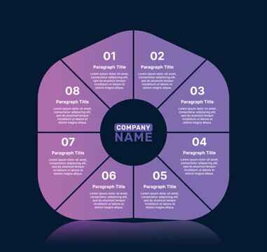 Circular 8-step business infographic with central company name and purple gradient segments for strategy or process presentation.