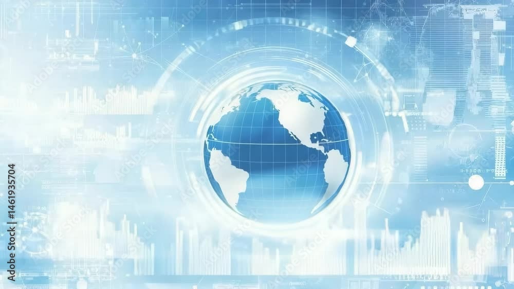 Poster futuristic digital interface with globe and data visualization elements for global connectivity conc