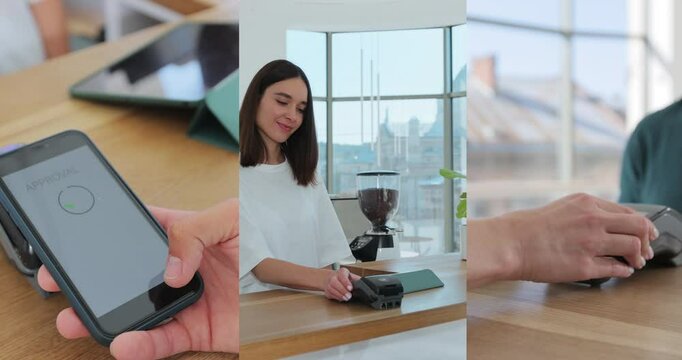 Collage of male customer pays with contactless Nfc payment technology on smartphone to friendly barista in customer uses mobile to pay through bank terminal. Nfc cellhone of male buyer with cashless.