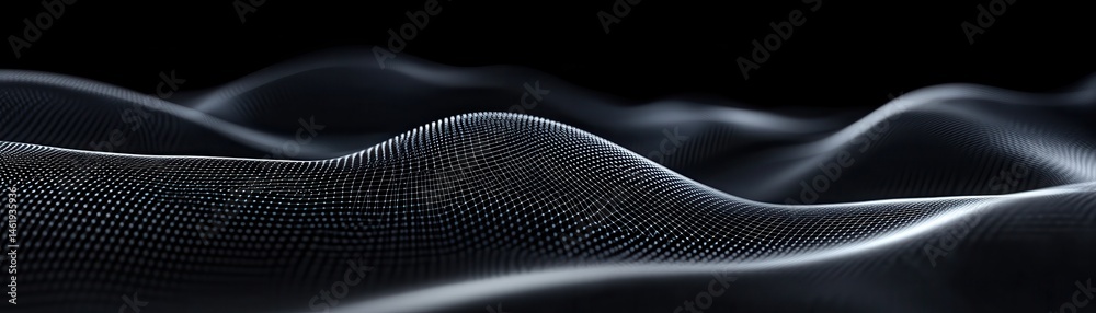 Fototapete Abstract Wavy Surface with White Dots on Black Background Modern Digital Design with Flowing Lines and Dynamic Shapes Ideal for Technology and Science Presentations
