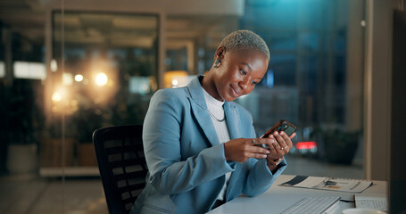 Black woman, phone and business at night with internet for accounting, communication or email. Person, accountant or employee smile for financial solution, tax report or compliance with technology