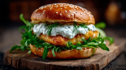 Freshly Made Burger with Crispy Fish Fillet, Creamy Sauce, and Green Lettuce on Wooden Board with Natural Lighting