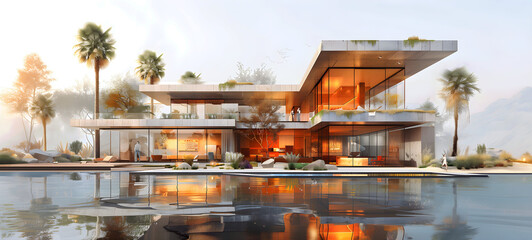 Sustainable modern architecture in the desert combines timber construction, solar energy, biophilic design and smart eco technology to create climate-adaptive housing for living in the future.